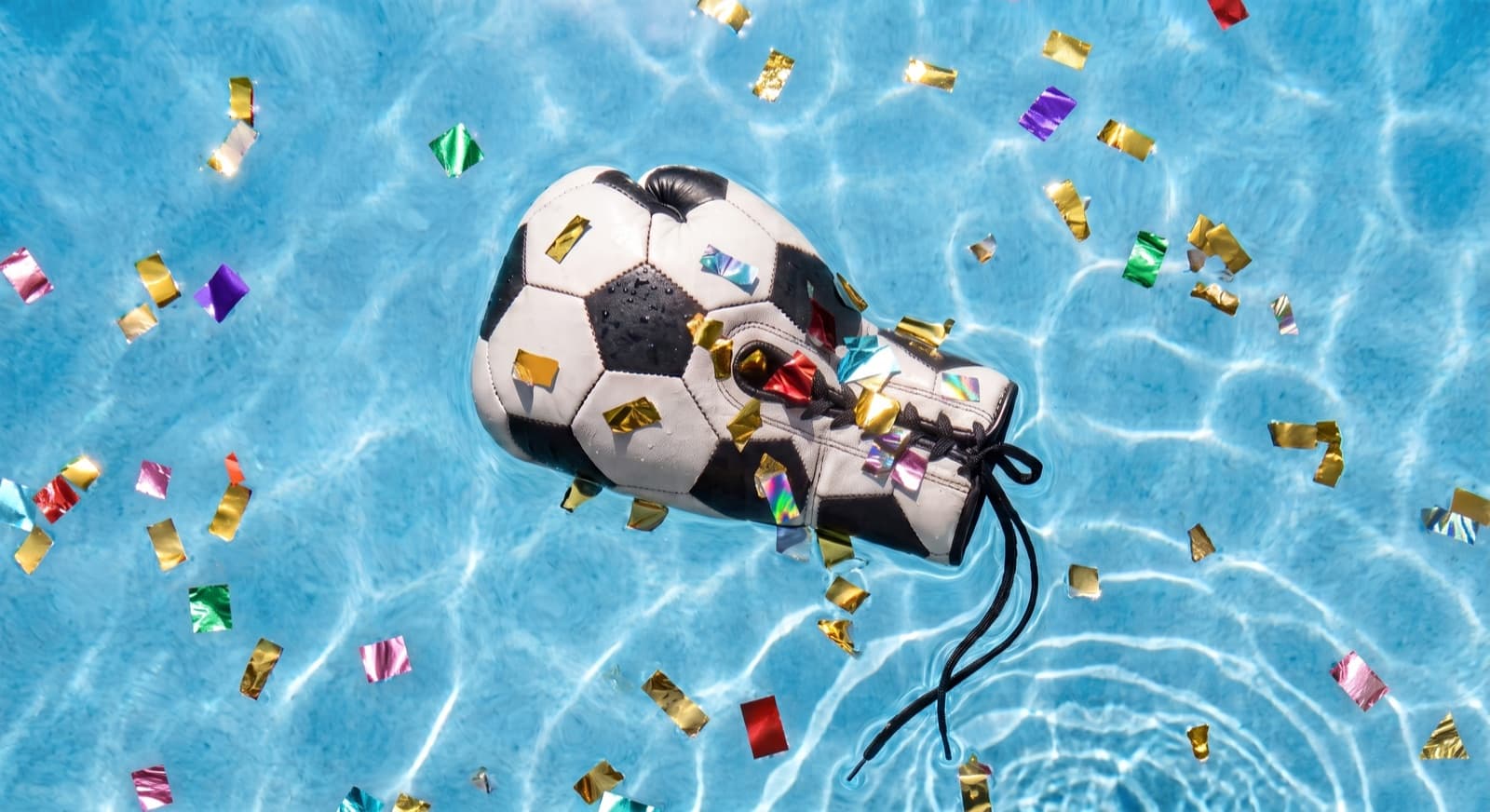 A soccer-ball boxing glove floating in a pool amid celebratory confetti